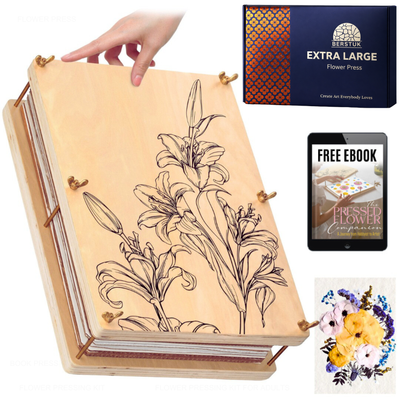 XL Flower press with floral designs, a free eBook, and a box labeled 'Extra Large Flower Press' on a white background.