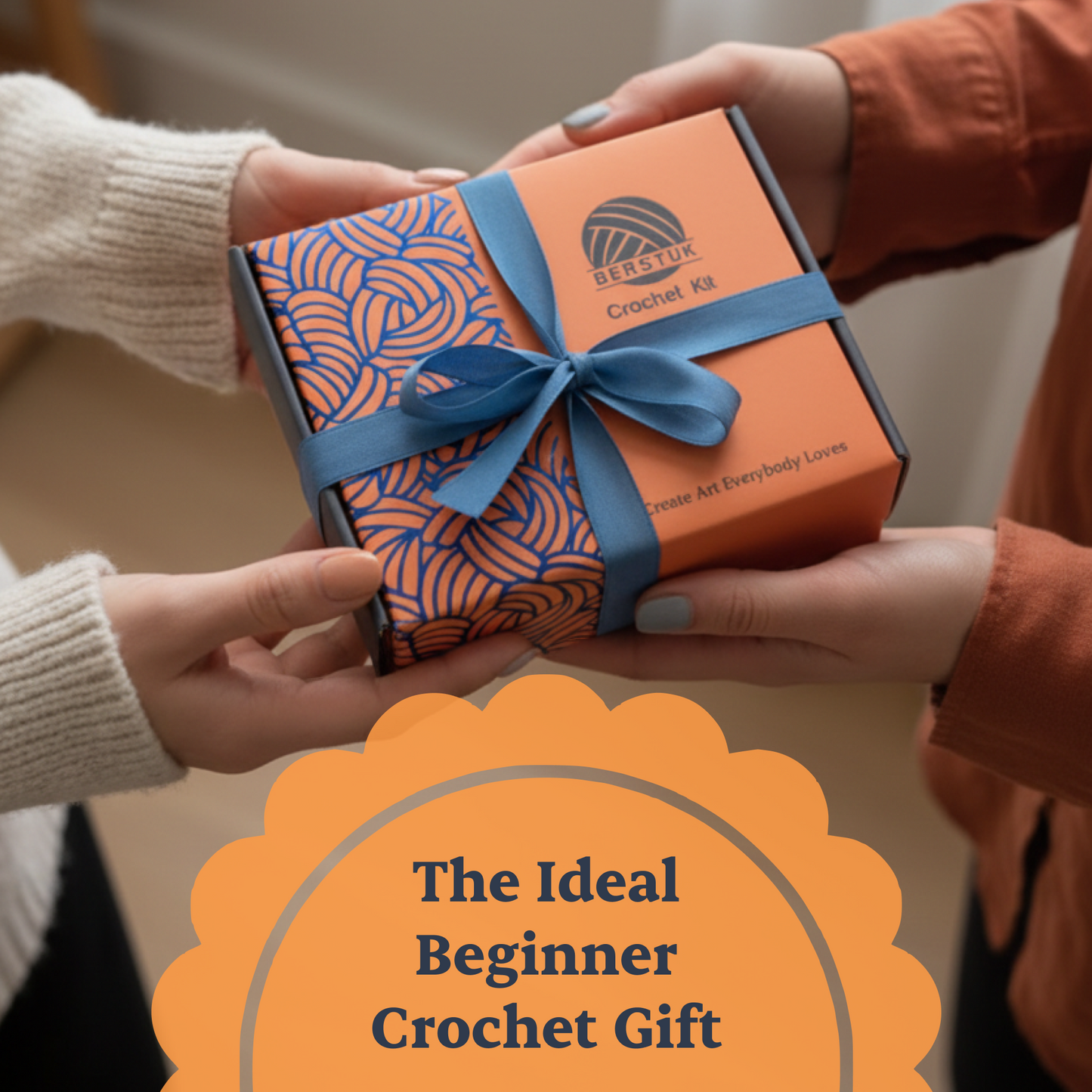 Orange crochet kit packaging with blue ribbon held by two people, labeled 'The Ideal Beginner Crochet Gift'.
