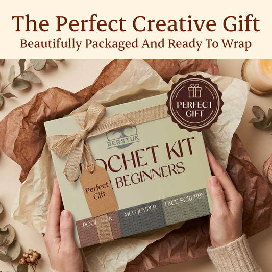 Crochet kit for beginners with decorative elements and 'Perfect Gift' label.