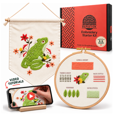 frog embroidery kit with a mobile phone showcasing video tutorials