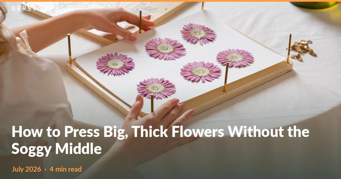 Hands pressing large purple gerbera blooms flat in a Berstuk XL Flower Press