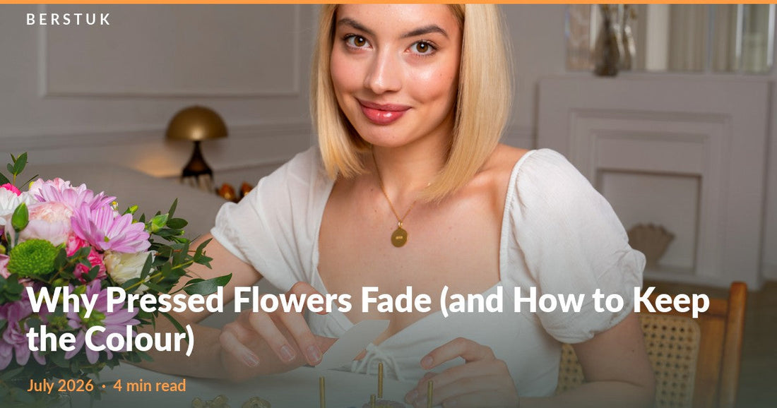 Woman at a table with a fresh bouquet pressing colourful flowers in a Berstuk Miniature Flower Press