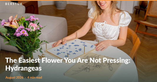 Woman arranging blue hydrangea florets on the open page of a Berstuk XL Flower Press