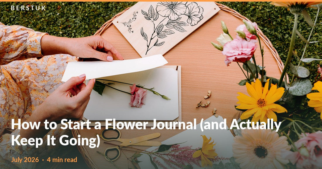 Hands lifting the blotting paper over an open Berstuk Travel Flower Press with a pink rose, at an outdoor table