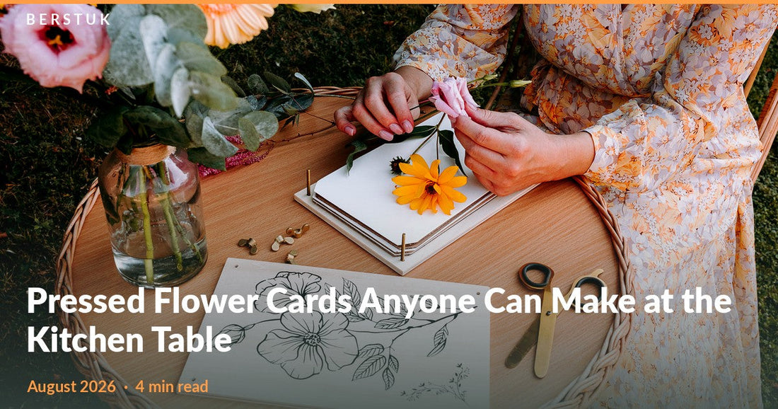 Woman at an outdoor table preparing fresh flowers over an open Berstuk Travel Flower Press with scissors and a bouquet