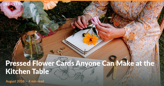 Woman at an outdoor table preparing fresh flowers over an open Berstuk Travel Flower Press with scissors and a bouquet
