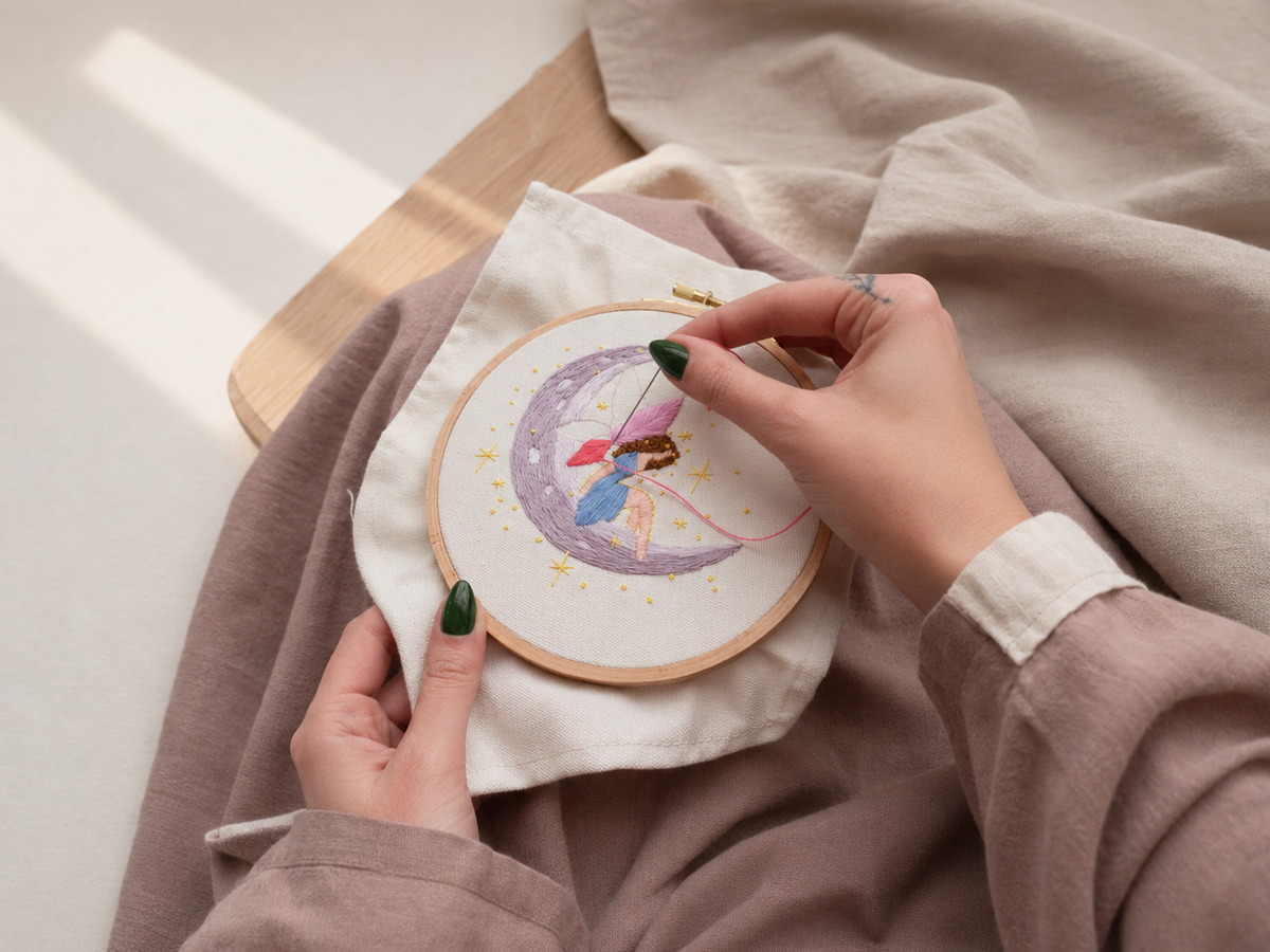 An image showing an embroidery artist using a needle and an embroidery hook in order to embroider wings of a fairy with pink thread 
