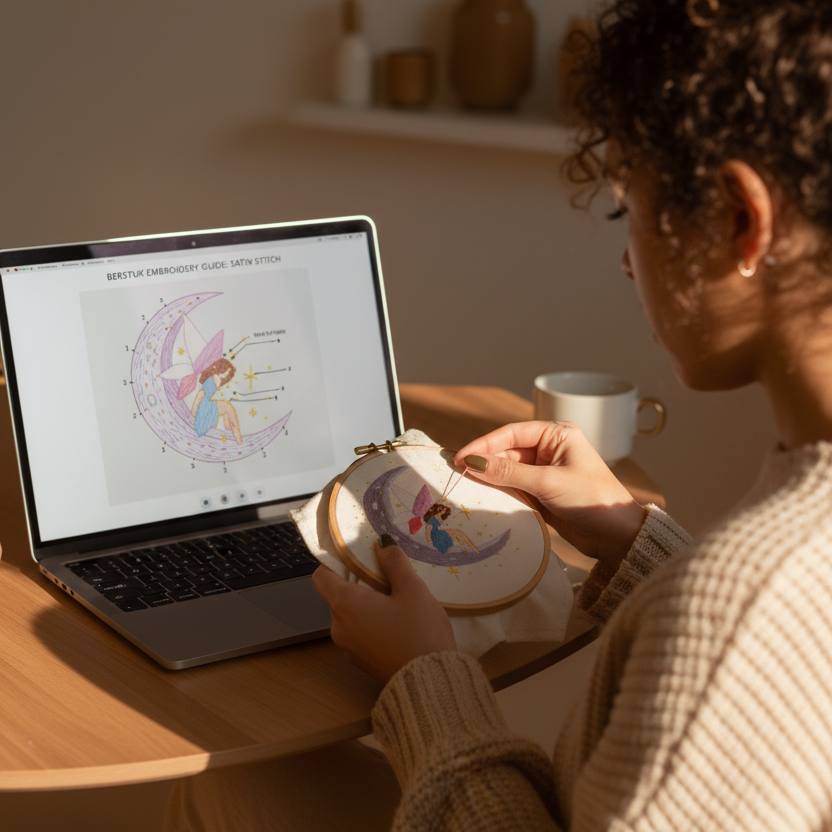 A woman sits at a wooden table in a warmly lit room, holding an embroidery hoop with a dairy design while looking at a laptop screen showing a matching moon-phase pattern diagram.