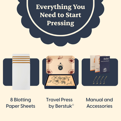 Collection of items for pressing, including blotting paper sheets, a travel press, and accessories, on a beige background.