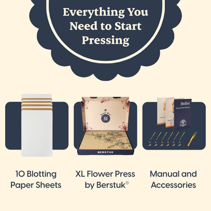 Product set with blotting paper sheets, XL Flower Press by Berstuk, and manual and accessories on a beige background.