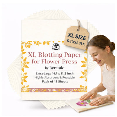 Packaging of Berstuk XL Blotting Paper for Flower Press with a woman using the product.