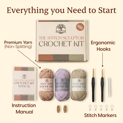 Berstuk crochet kit with yarn, hooks, and manual on a cream background. everything included.