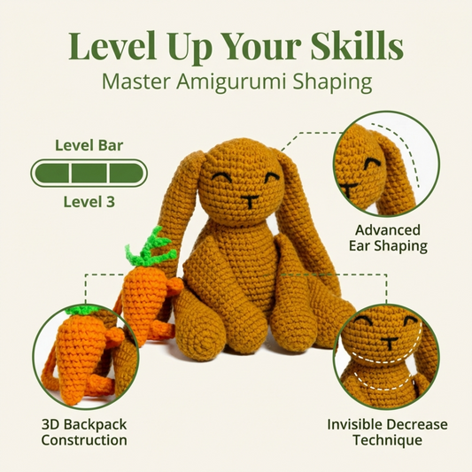 Crocheted bunny with carrot and level-up text showing the skills you can learn including advanced ear shaping, 3D backpack construction and decreases technique on a beige background