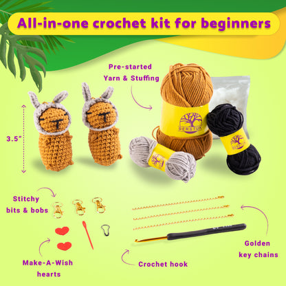 All-in-one crochet kit for beginners with yarn, hooks, and small items on a green background
