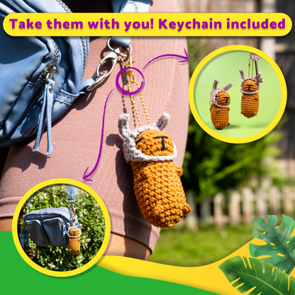 Crocheted capybara keychain attached to a bag with text take them with you and additional keychain images.