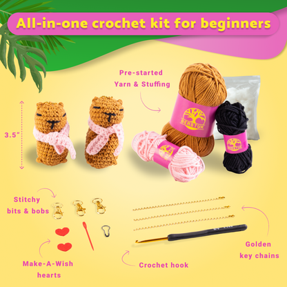 All-in-one crochet kit for beginners with yarn, hooks, and other supplies on a yellow background.