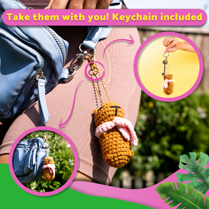 Keychain with a small plush toy capybara attached to a bag, with text 'Take them with you! Keychain included' and additional images of the keychain.