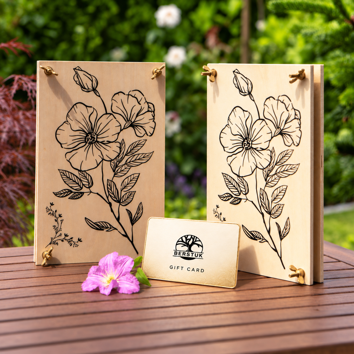 Two rectangular wooden flower presses with black floral line art and brass accessories are displayed on a wooden table outdoors, with a small gift card in front. The background shows blurred green garden foliage.