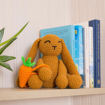 Crocheted bunny holding its carrot backpack sat on a shelf next to books and flowers. 