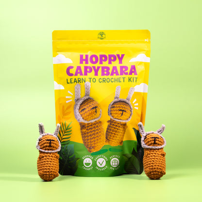 Crochet capybara kit with packaging on a green background