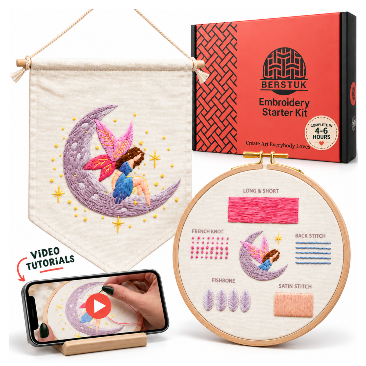 fairy embroidery kit with a mobile phone showcasing video tutorials