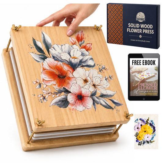 Square flower press on a white background with the image of a gift box, an ipad with free flower press ebook and flower artwork