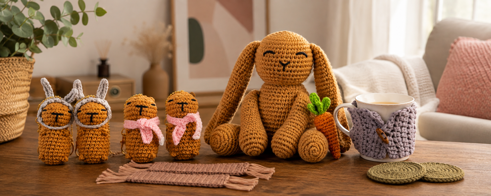 A cozy indoor scene showing a crocheted bunny plush in the center with four smaller crocheted capybara figures lined up to its left, each wearing different colored scarves. A lavender crocheted mug with a cream interior sits on the right, alongside a woven placemat and coasters on a wooden table.