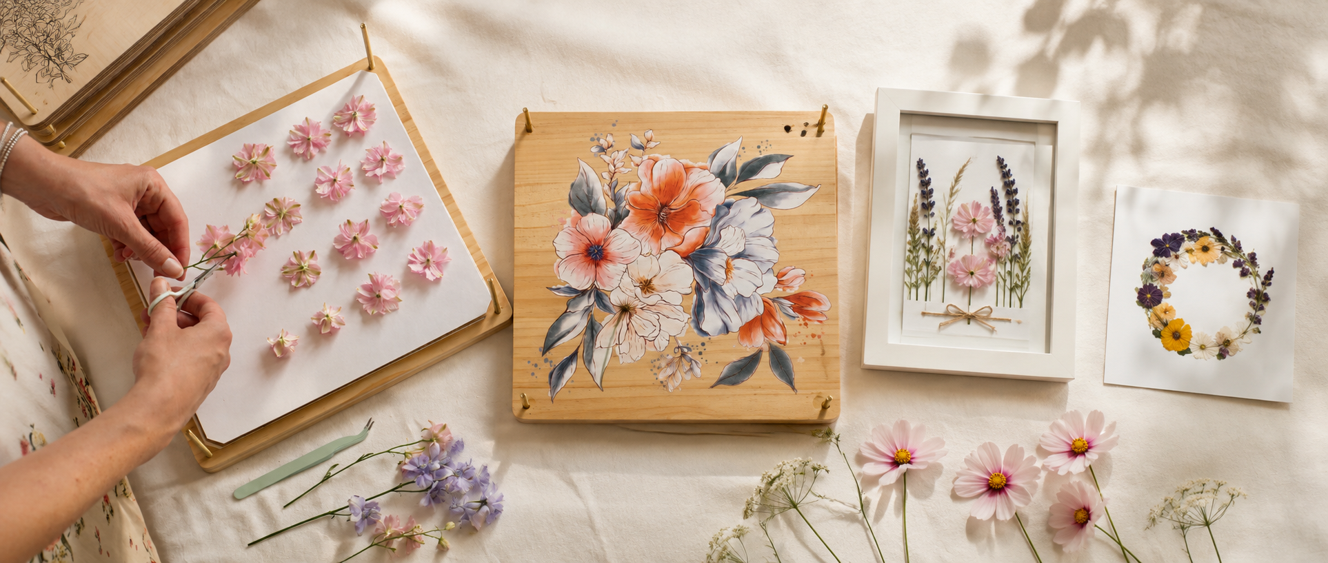 A styled flat-lay of floral craft and art items on a cream fabric background, including a wooden board with painted flowers, small pink pressed flowers on a board being arranged by hands, two framed botanical prints, and scattered dried and fresh flowers.