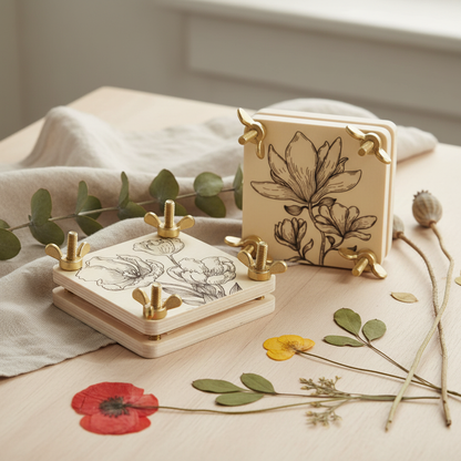 Wooden flower press set with floral designs on a table with pressed flowers and leaves including a pressed dried poppy.