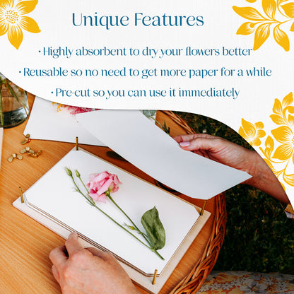 Hands placing a pink rose and leaf between blotting paper sheets on a flower press. Text lists features: highly absorbent, reusable, and pre-cut.