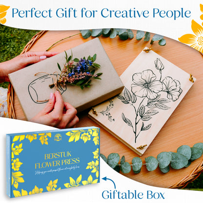 Berstuk flower press gift box packaging with wooden press and dried flower ribbon decoration

