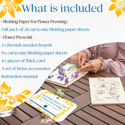 Flower press kit bundle contents: blotting paper, wooden boards, metal accessories, and manual